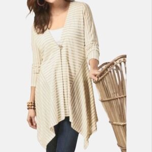 Soft Surroundings Women's Size 1X Cardigan Linen Cream White Stripe One Button